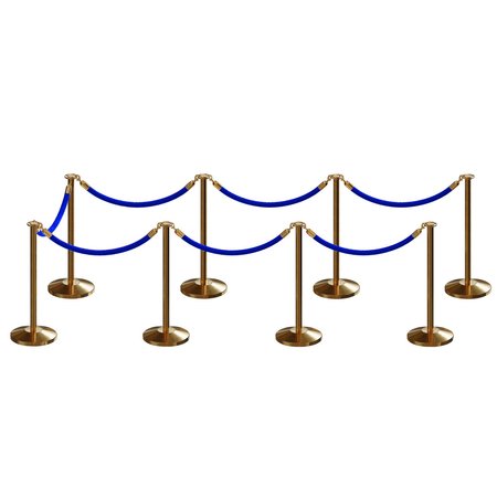 MONTOUR LINE Stanchion Post and Rope Kit Sat.Brass, 8 Flat Top 7 Blue Rope C-Kit-8-SB-FL-7-PVR-BL-PB